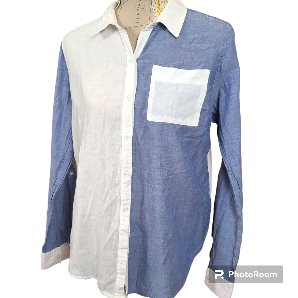 True Freedom Size Large White Blue Colorblock Cotton Button-Down Shirt Western